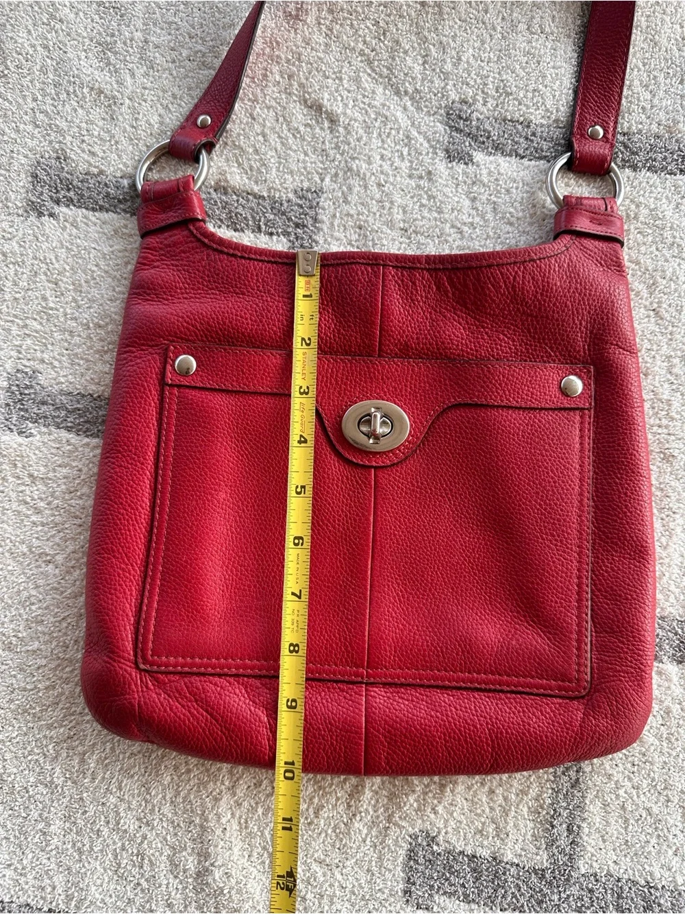 Coach Red Pebbled Leather Shoulder Bag with Turnlock Pocket
